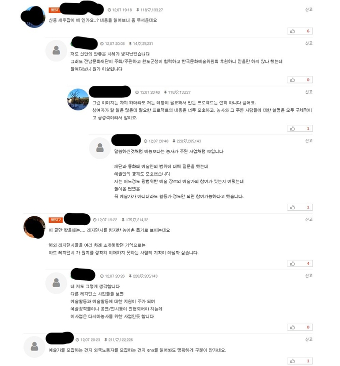 해당 사업에 대한 예술인 커뮤니티의 댓글 반응. 예술인 노동착취라거나 예술인을 호구로 본다는 반응이다.