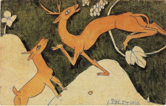두 마리 사슴, 종이에 먹지로 베껴 그리고 색칠, 9x14센티미터. 1941. 4. 24, 개인 소장