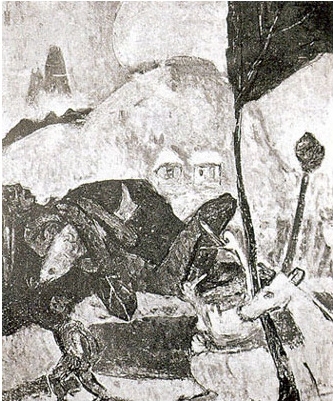 이중섭, 달보기(望月) 2, 크기 모름, 천에 유채로 추정, 1941년 4월 제5회 지유텐 출품작, 원작 망실된 듯