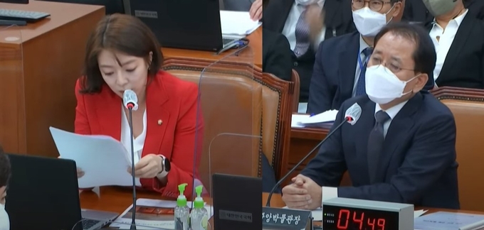 국민의당 배현진 의원이 국립중앙박물관장에게 질의하고 있다. 답답한 표정의 국립중앙박물관장이다.