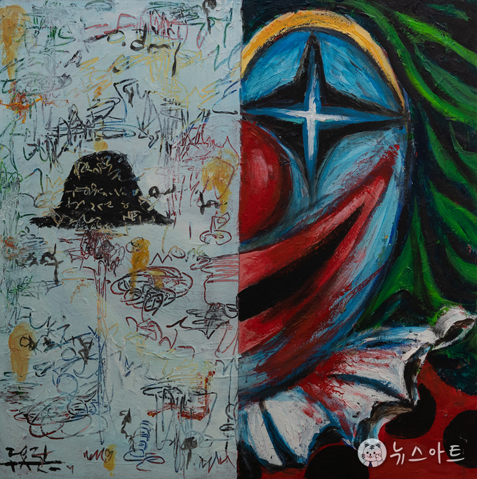 하늘과피에로, 2021, 아크릴, 한지, 50x50cm