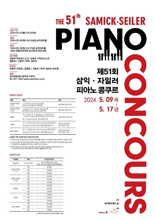 제51회 삼익·자일러 피아노 콩쿠르, 5월 9일부터 17일까지 4일간 개최